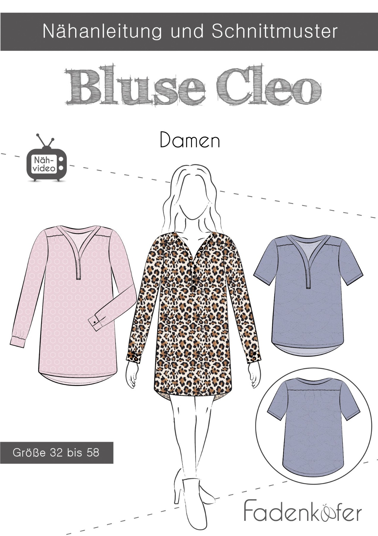 Schnittmuster Papierschnitt Mehrgrössenschnitt Bluse Cleo Damen von Fadenkäfer Kleid Gr 32 - 58