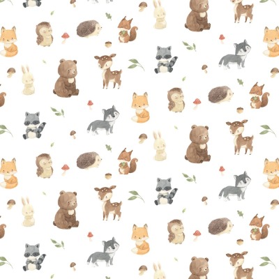 06780.002 Baumwolle Stoff Forest Waldtiere Fuchs Eichhörnchen Hase Dachs digital weissgrundig