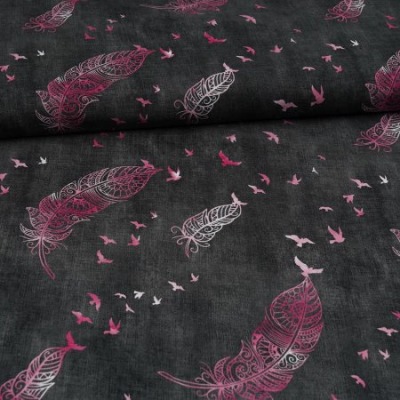 French Terry Sommersweat unangerauht Glitzerpüppi Federn Feather Birds grau pink