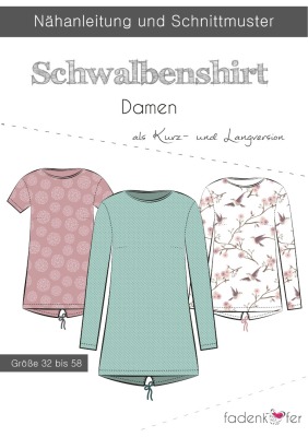 Schnittmuster Papierschnitt Mehrgrössenschnitt Schwalbenshirt Shirt Damen von Fadenkäfer Gr 32 - 58