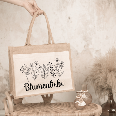 Tragetasche Blumenliebe, Tasche I Jutetasche I Einkaufstasche I Geschenk, Geburtstag, individuelles