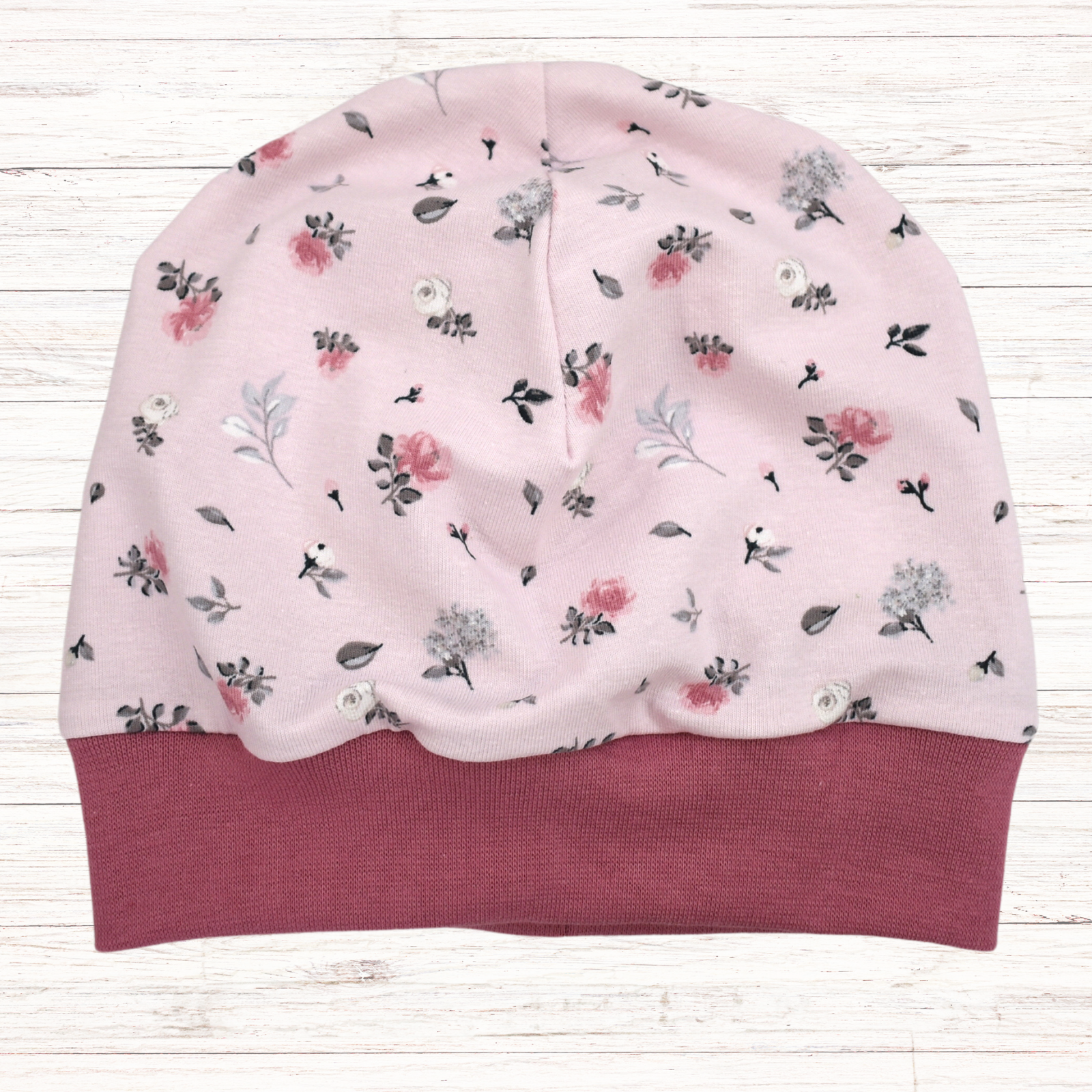 Beanie Mütze mit Bündchen einlagig Blumen rosa