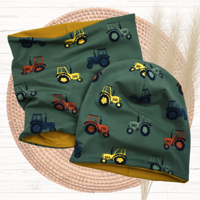 Set Beanie Mütze und Loop Schal Tuch Motiv Traktor - verschiedene Größen verfügbar für Baby