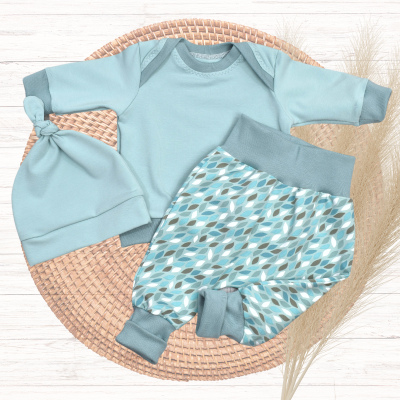 Baby Set Pumphose Langarmshirt Knotenmütze Mintgrün Blätter - verschiedene Größen verfügbar