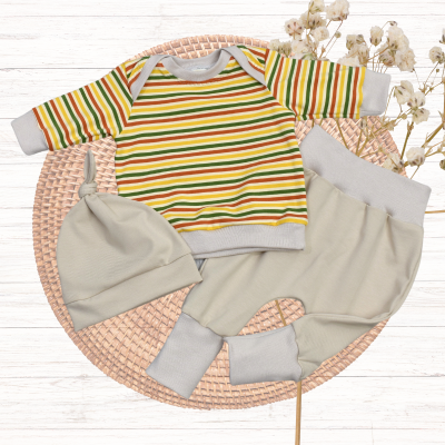 Baby Set Pumphose Langarmshirt Knotenmütze Streifen Beige - verschiedene Größen verfügbar
