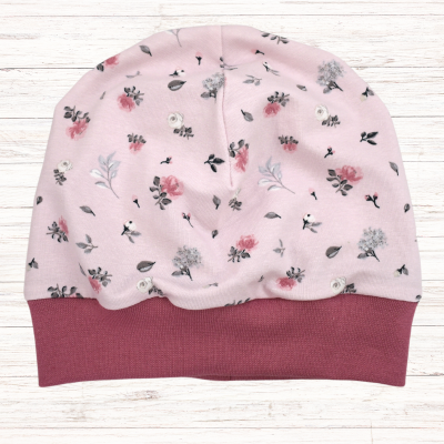 Beanie Mütze mit Bündchen einlagig Blumen rosa - verschiedene Größen verfügbar für Baby