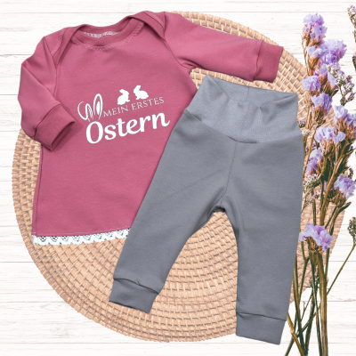 Set Babykleid mit Leggings Print Motiv mein erstes Ostern Rosa Weiß Grau - verschiedene