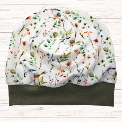 Beanie Mütze mit Bündchen khaki einlagig Blumenwiese Vögel - verschiedene Größen verfügbar