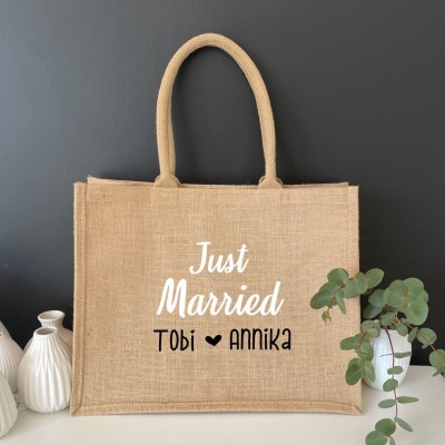 Jutetasche Just Married, Flitterwochen Tasche - Eine tolle Geschenkidee für das Brautpaar zur Hochz