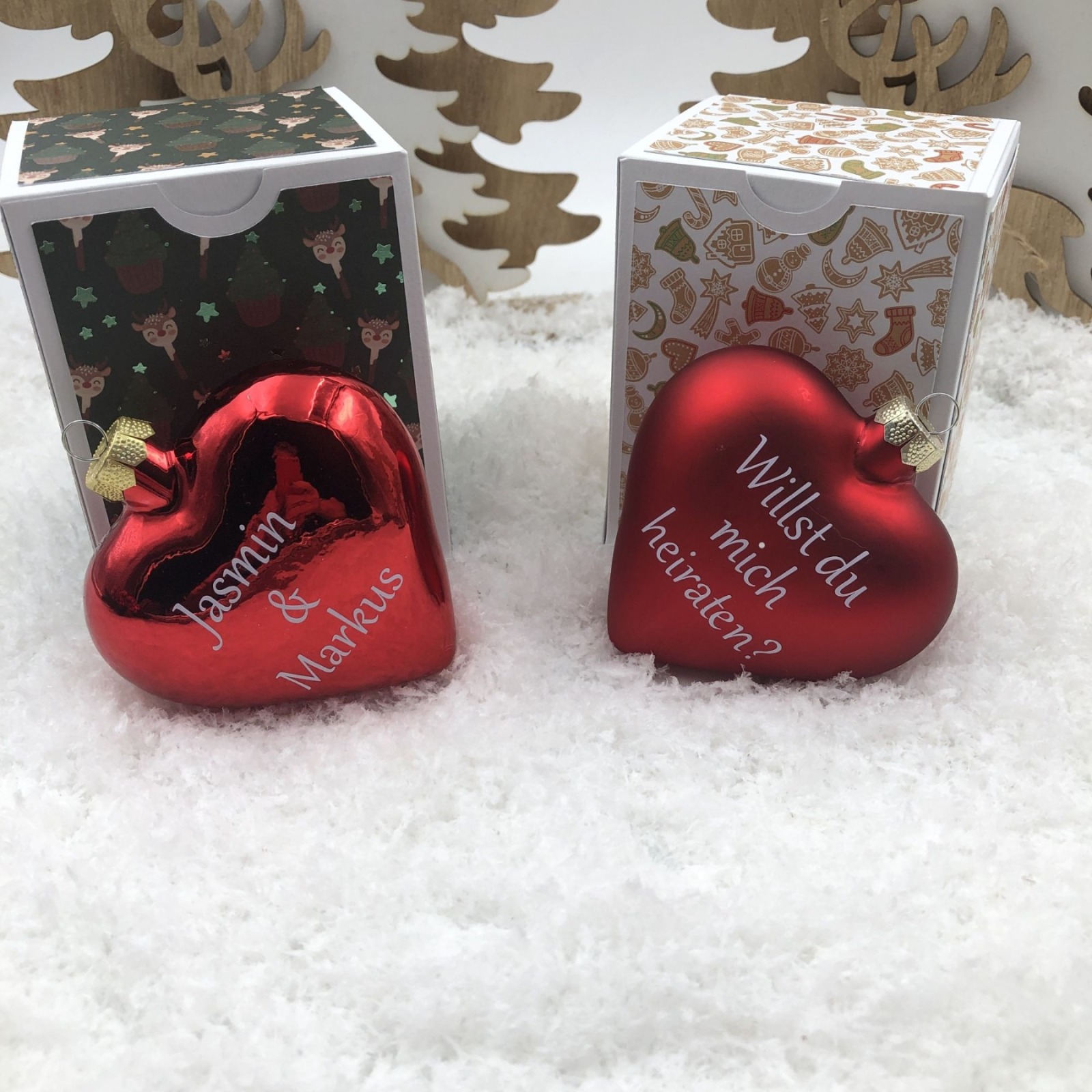 Weihnachtsbaumschmuck Herz 8 cm Glas personalisiert mit Geschenkbox, romantischer Heiratsantrag,