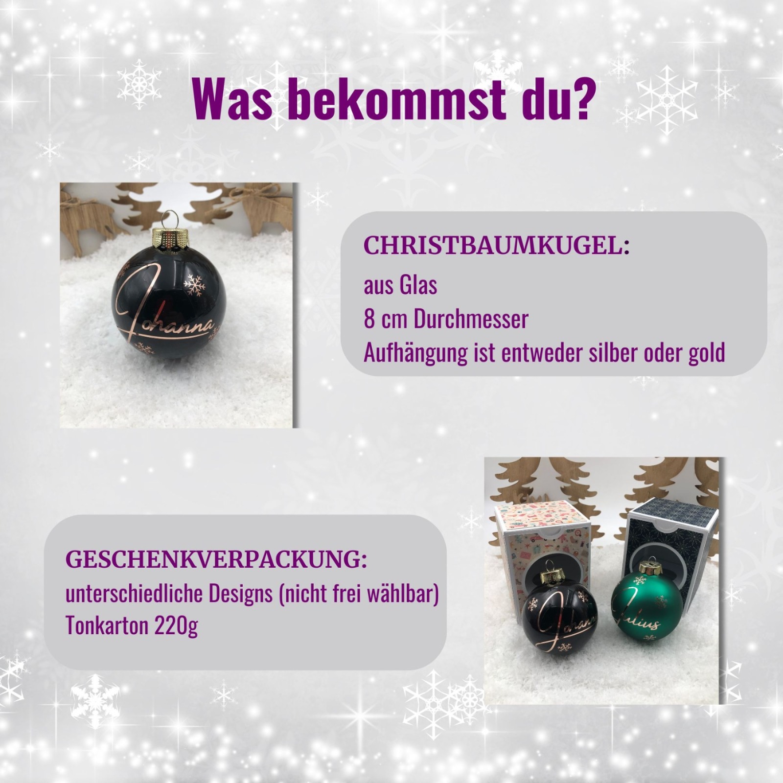 Christbaumkugel personalisiert aus Glas 8 cm mit weihnachtlicher Geschenkbox, Weihnachtskugel mit