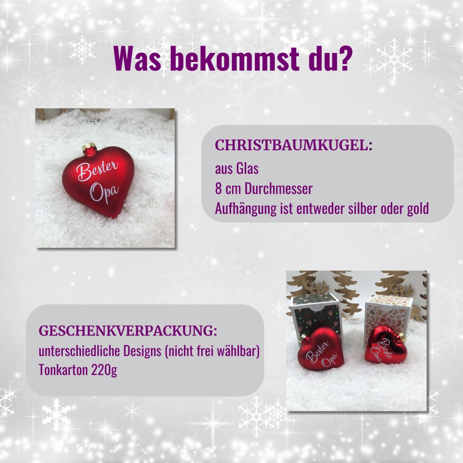 Weihnachtsbaumschmuck Herz 8 cm Glas personalisiert mit Geschenkbox, Geschenk für die Großeltern,