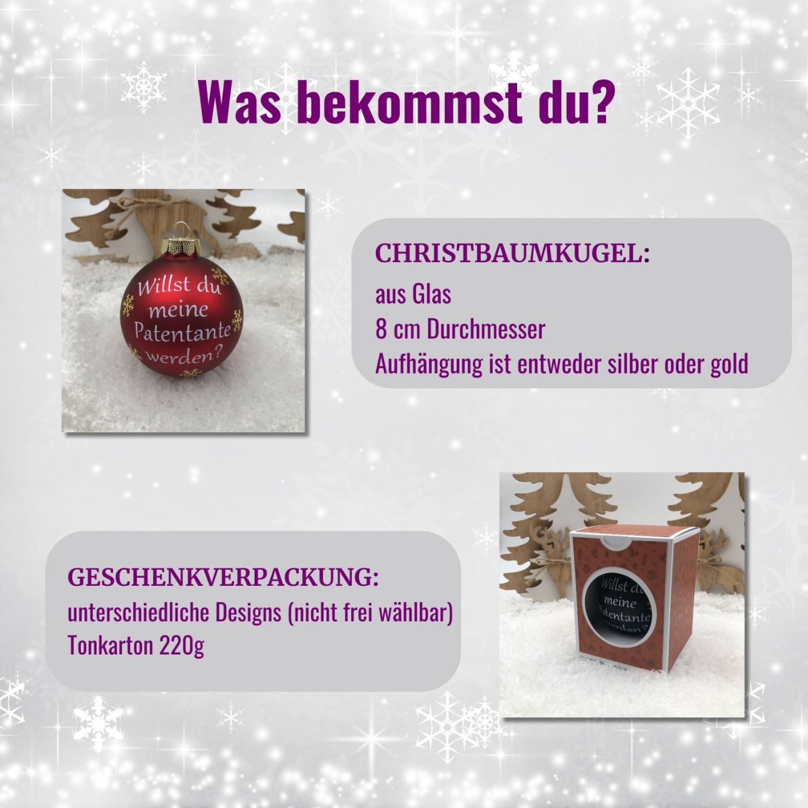 Christbaumkugel 8 cm aus Glas inkl. Geschenkbox, willst du meine Patentante werden, Geschenk für