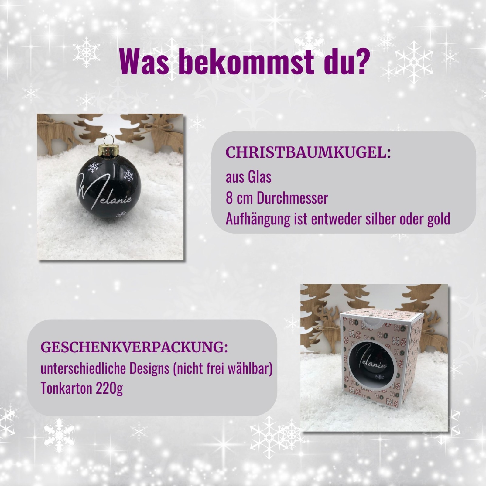 personalisierte Christbaumkugel aus Glas 8 cm mit weihnachtlicher Geschenkbox, Baumkugel mit Namen 6