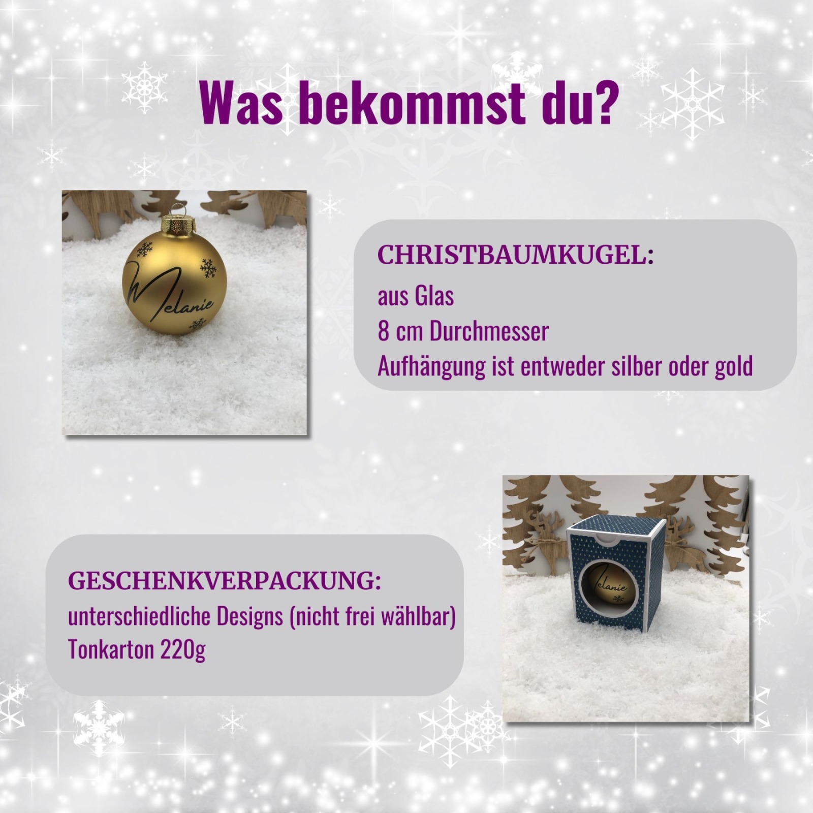 personalisierte Weihnachtskugel aus Glas 8 cm mit weihnachtlicher Geschenkbox, Baumkugel mit Namen,