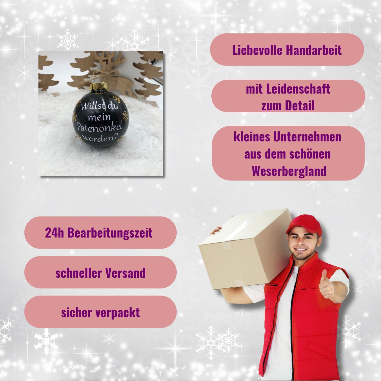 Christbaumkugel 8 cm aus Glas inkl. Geschenkbox, willst du mein Patenonkel werden, Geschenk für