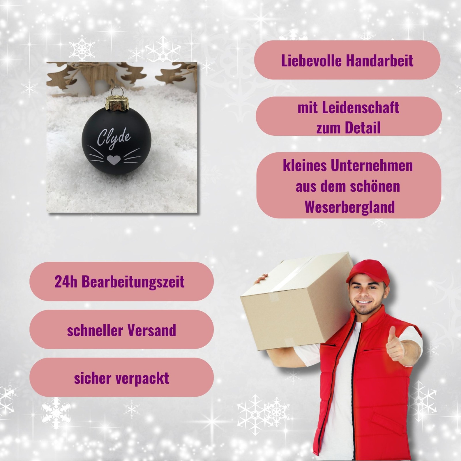 Christbaumkugel 8 cm aus Glas inkl. Geschenkbox, Geschenk für Katzenliebhaber zu Weihnachten 8