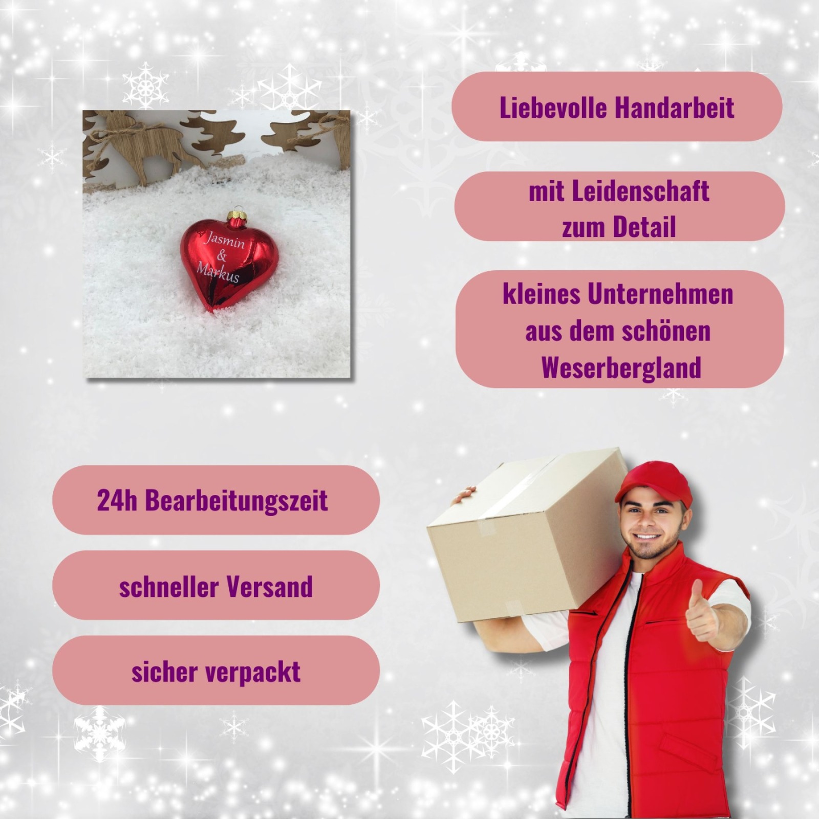 Weihnachtsbaumschmuck Herz 8 cm Glas personalisiert mit Geschenkbox, romantischer Heiratsantrag,