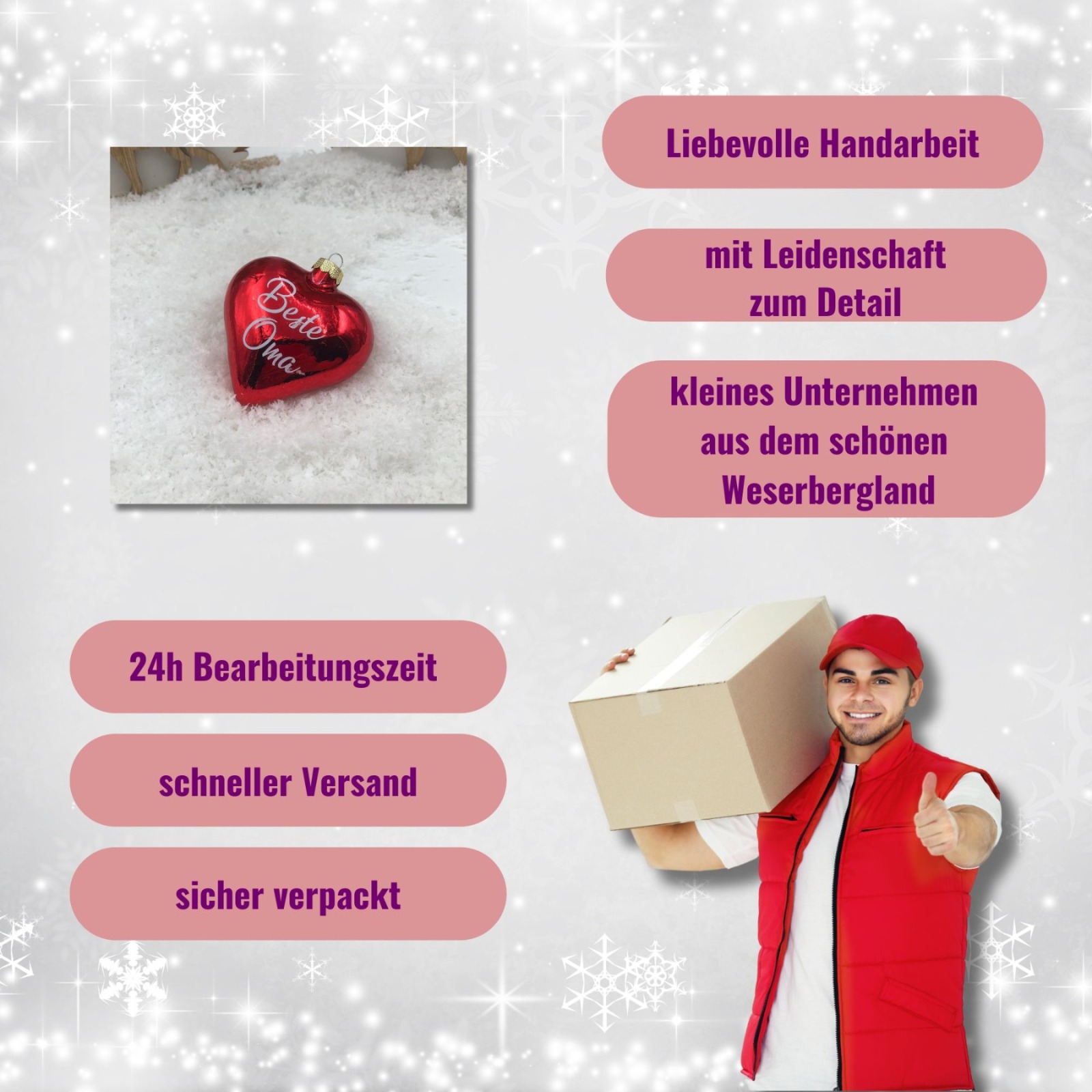 Weihnachtsbaumschmuck Herz 8 cm Glas personalisiert mit Geschenkbox, Geschenk für die Großeltern,