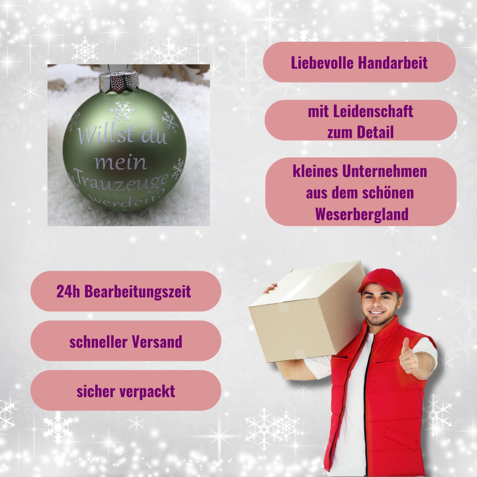 Christbaumkugel 8 cm aus Glas inkl. Geschenkbox, willst du mein Trauzeuge werden, Geschenk für