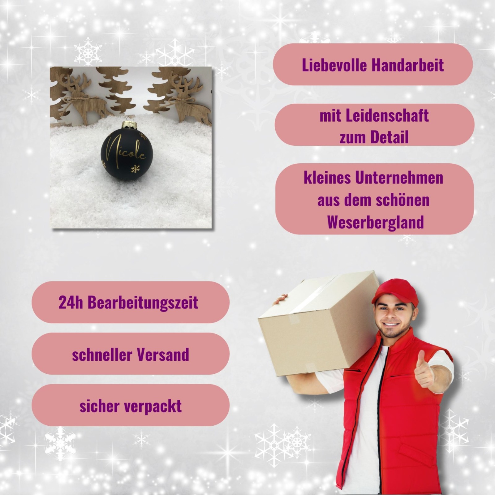 Christbaumkugel personalisiert aus Glas 8 cm mit weihnachtlicher Geschenkbox, Weihnachtskugel mit