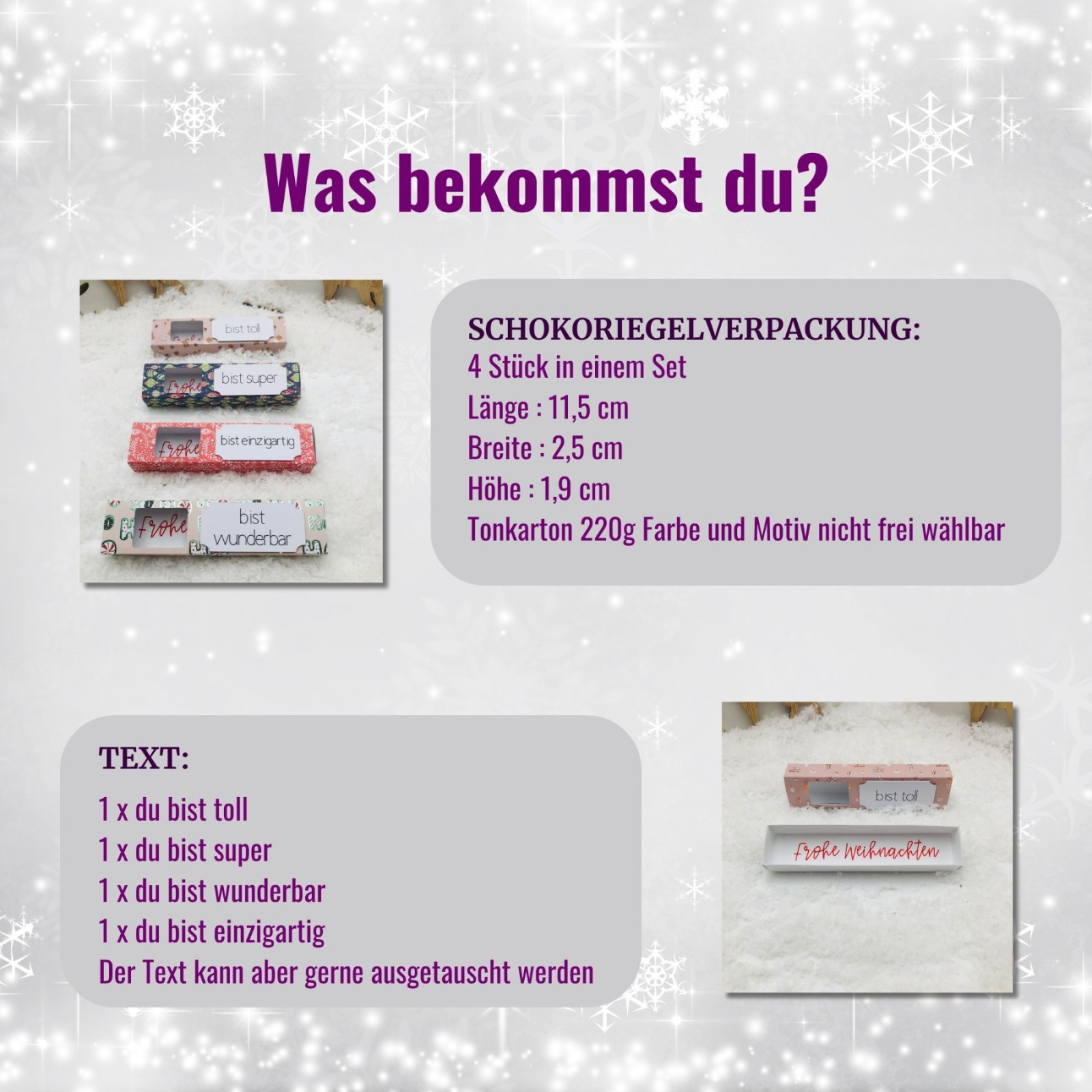 Geschenkverpackung für Schokoladenriegel mit Spruch im 4er Set oder 8er Set mit weihnachtlichem