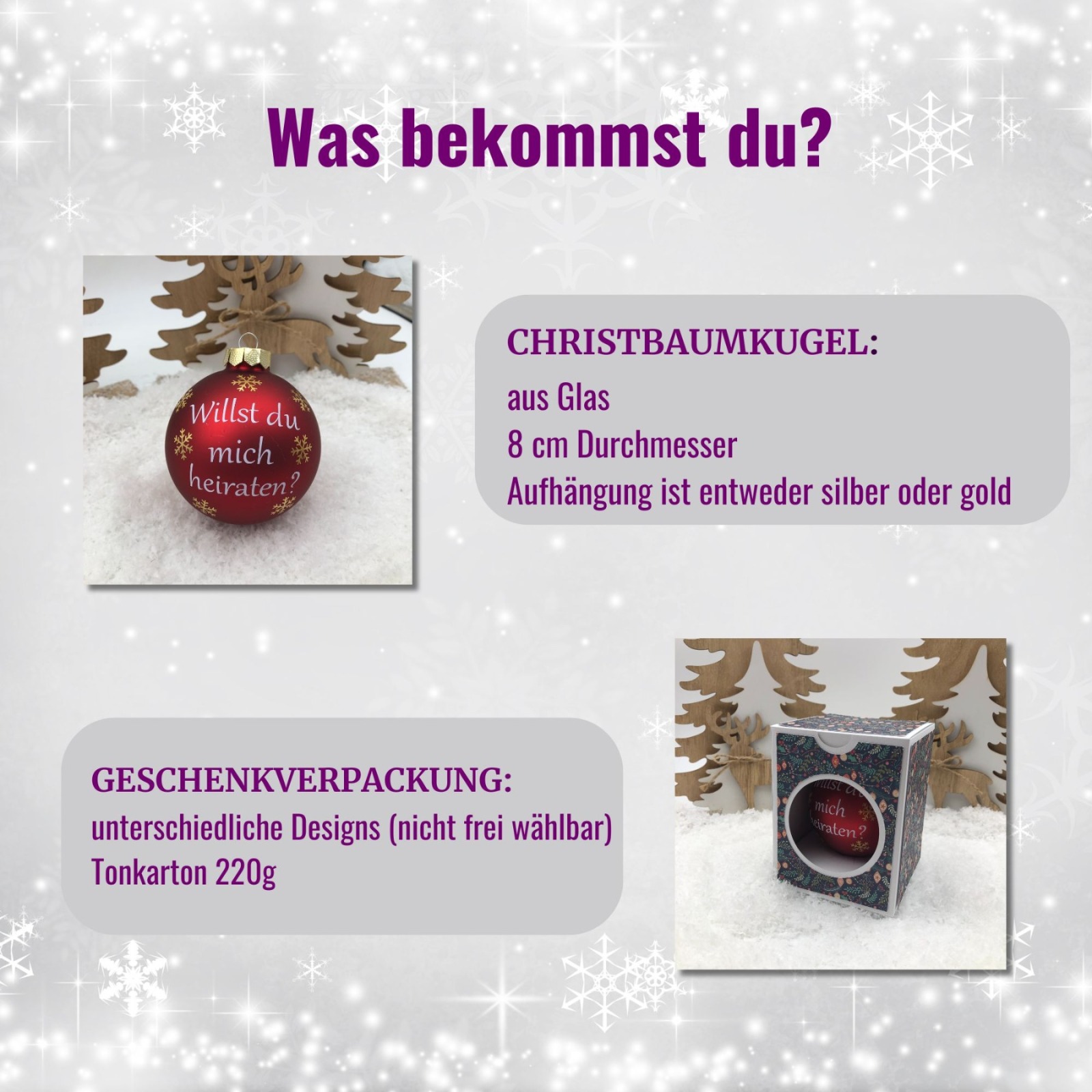 Willst du mich heiraten, Geschenkidee zu Weihnachten, Christbaumkugel 8 cm aus Glas inkl.