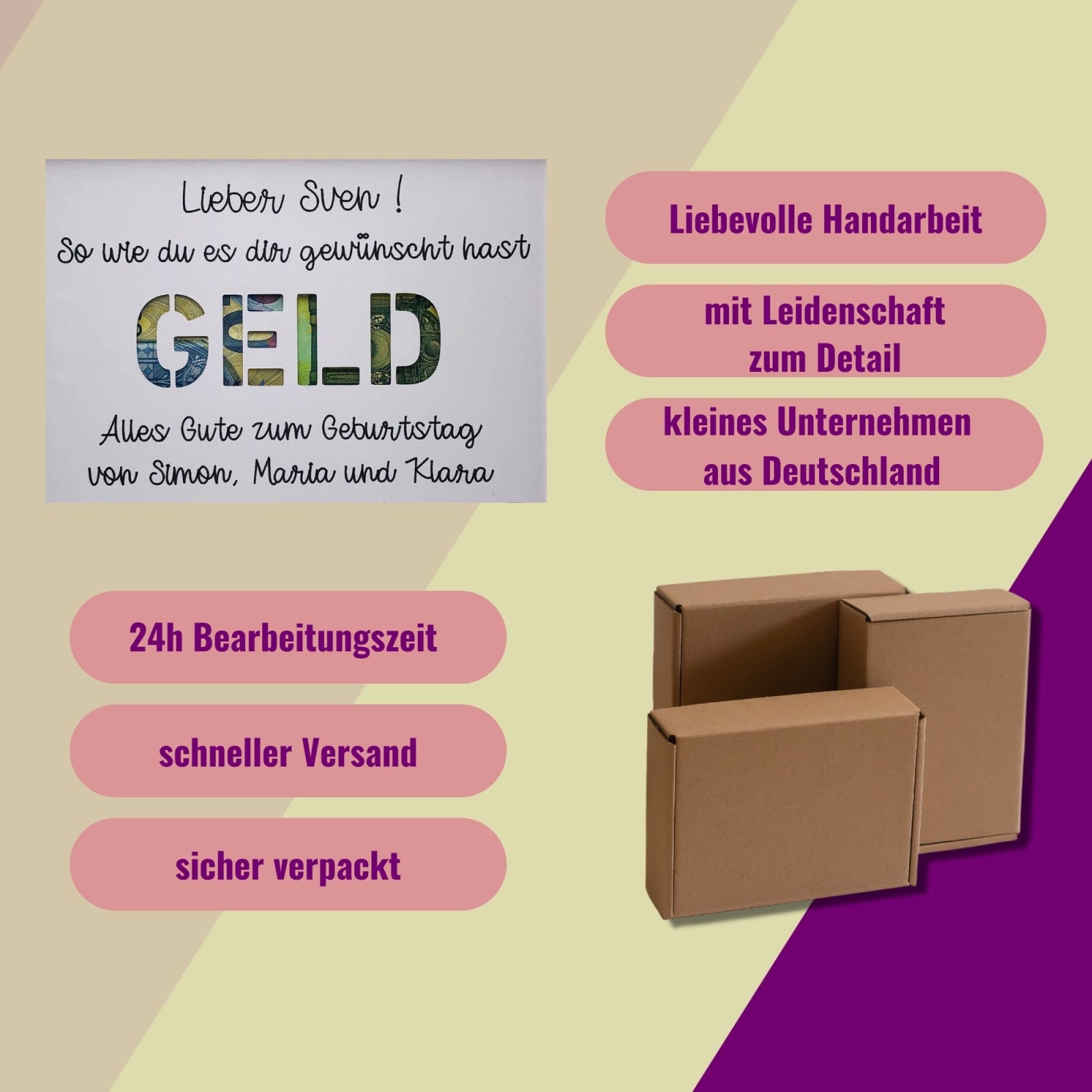 Geldgeschenk Geburtstag, Geldverpackung Geburtstag, Glückwunschkarte zum Geburtstag personalisiert,