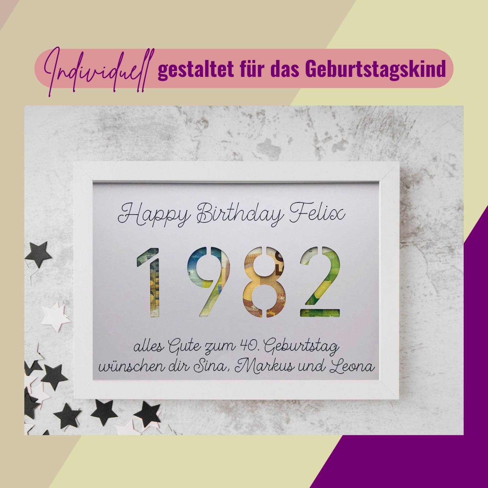 Geldgeschenk im Bilderrahmen, Geldverpackung Geburtstag, personalisierte Geldverpackung, runder