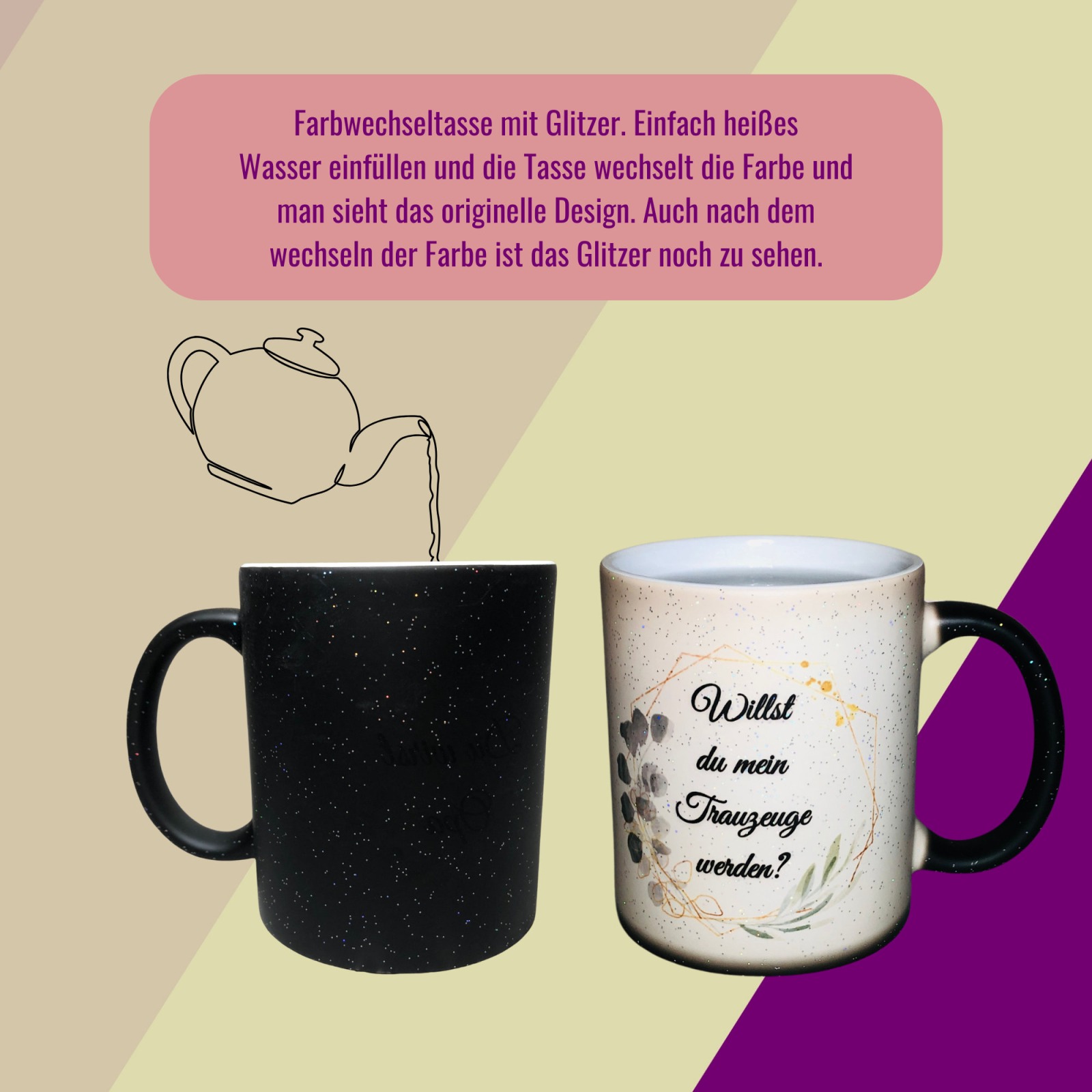 Zaubertasse Willst du meine Trauzeuge werden Farbwechseltasse mit Glitzerpartikeln,