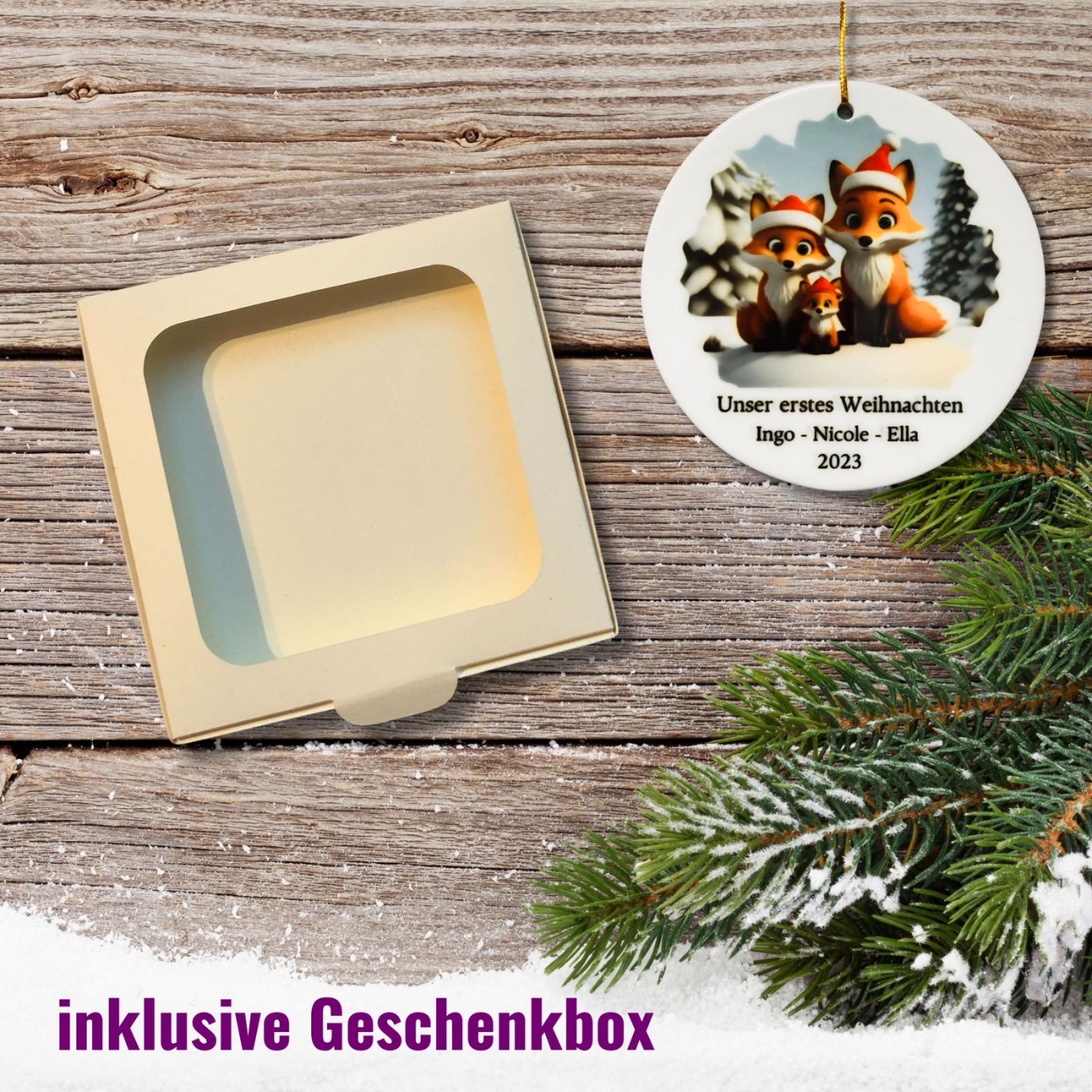 Anhänger Weihnachten personalisiert mit Geschenkbox, Ornament 10 cm aus Keramik, Tannenbaumschmuck