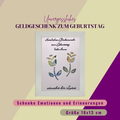 Einzigartiges Geldgeschenk zum Geburtstag für die Frau: Blumen aus Geldscheinen - personalisiert &amp;