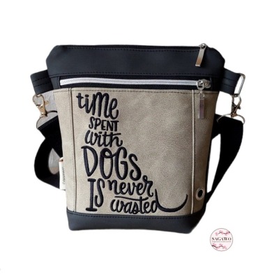 Gassitasche / Schultertasche mit Hund als Spruch bestickt, Kunstleder in schwarz und beige, aus