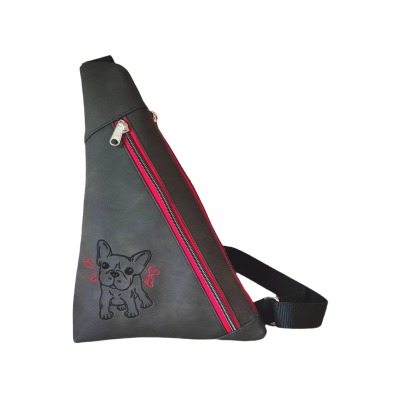 Gassitasche - Slingbag/Crossbodybag bestickt mit franz. Bulldogge aus braunem Kunstleder mit zwei