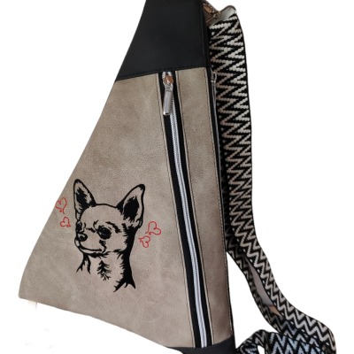 Gassitasche - Slingbag/Crossbodybag bestickt mit Chihuahuakopf und Herzchen, aus einer Kombi aus