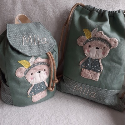 Kindergartentasche Kindergartenrucksack Boho Bär Kinderrucksack Kindertasche Turnbeutel mit Name pe