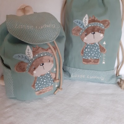 Kindergartentasche Kindergartenrucksack Boho Bär Kinderrucksack Kindertasche Turnbeutel mit Name pe