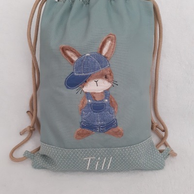 Turnbeutel Kinderturnbeutel Kind Boho Hase mint Kindertasche personalisiert mit Name