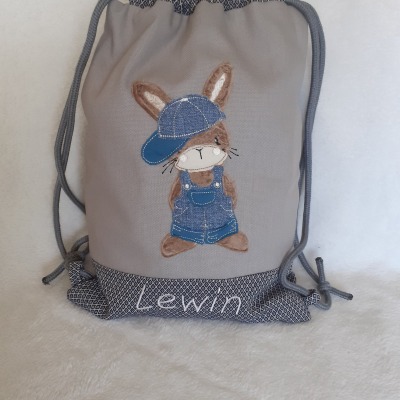 Kinderturnbeutel Turnbeutel Kind Boho Hase blau personalisiert mit Name Kindertasche