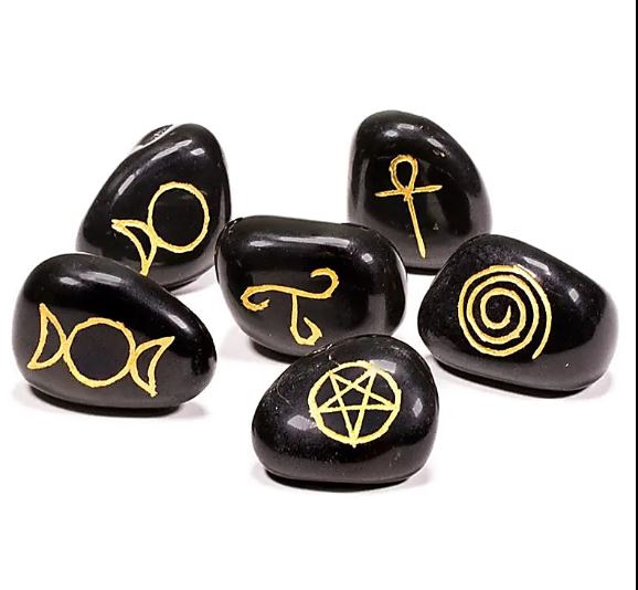 6 Wicca Steine aus schwarzem Achat oder Bergkristall 3