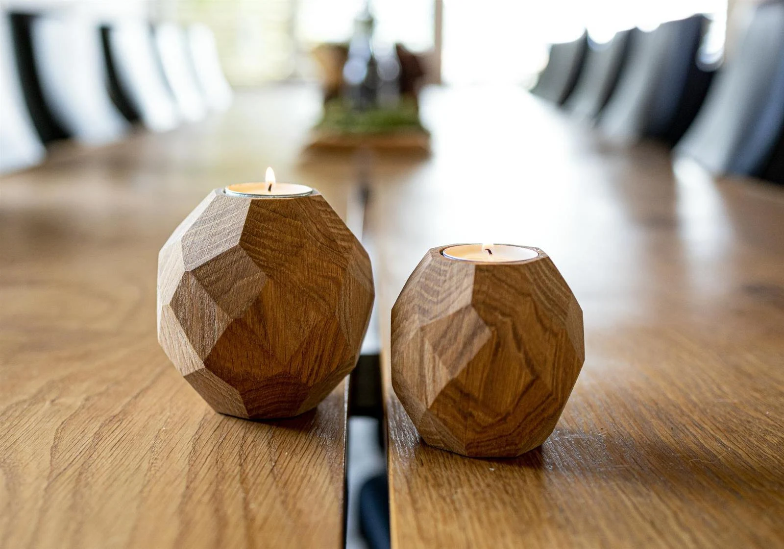 2 Windlichter Holz im Diamantschliff im Set, Eichenholz, massiv, Dekoration, Geschenk Idee, mit