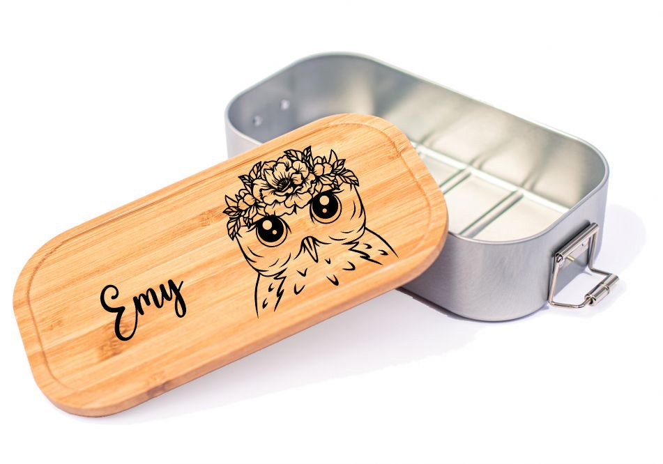 Lunchbox mit Bambus- oder Buchenholzdeckel, personalisiert, Wunschgravur, mit Trennsteg, Eule