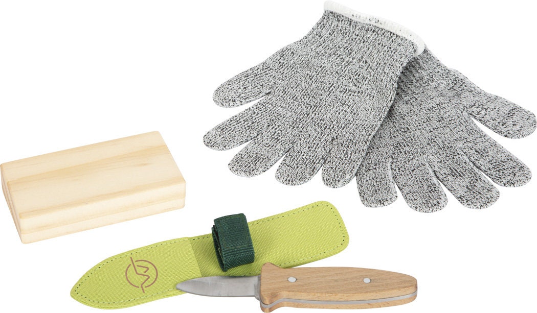 Schnitzmesser Set für Kinder, 4 teilig, Messer mit Gürteltasche, Handschuhe und Schnitzholz 4
