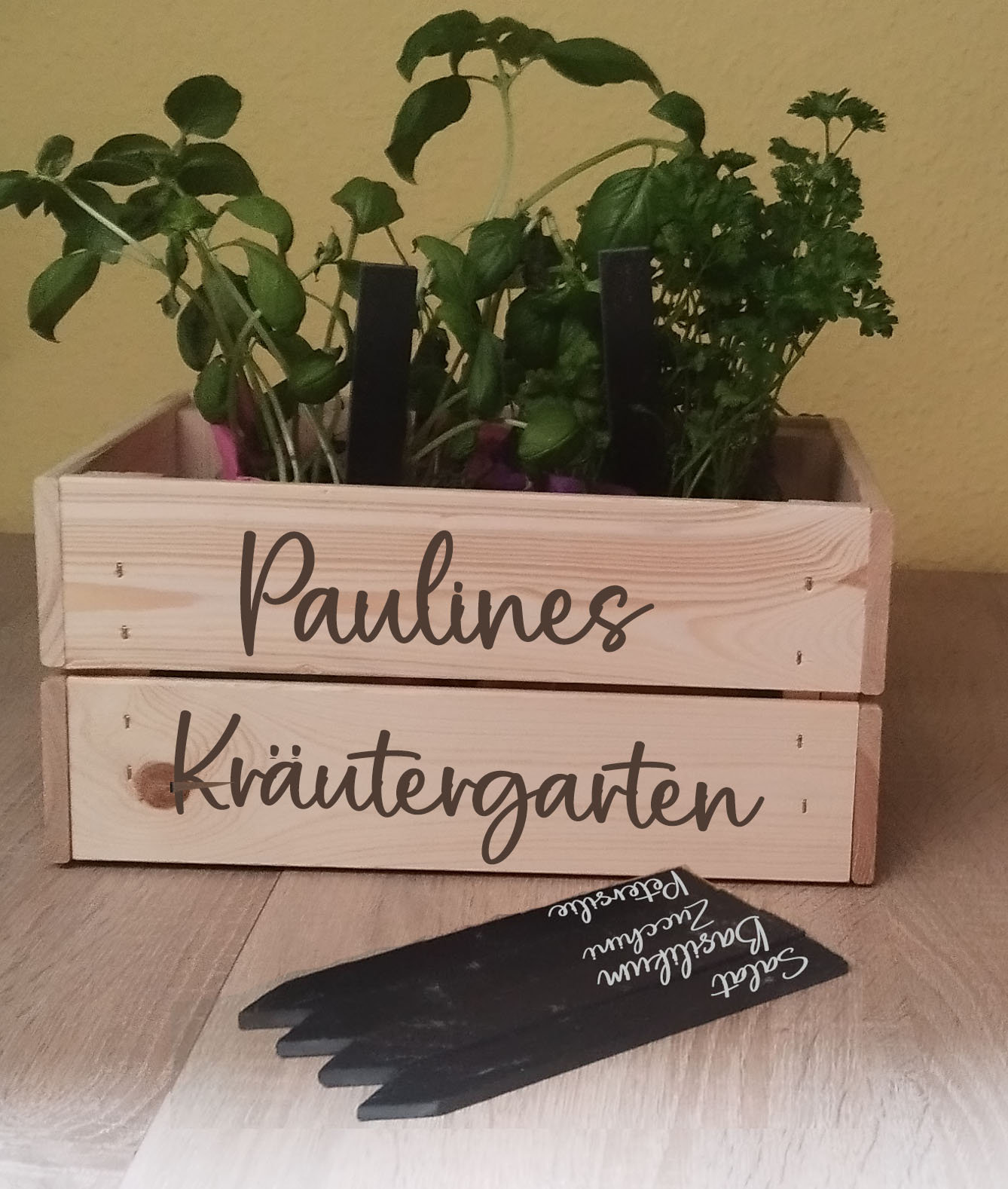 Geschenkset Kräutergarten, Kräuterbox, Holzkiste + Schiefer Pflanzensteckern Schiefer,