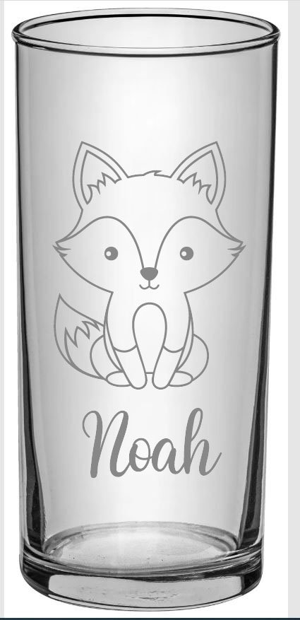 Kinder Trinkglas mit Gravur, personalisiert mit Namen, Wunschtext, Fuchs Motiv, Wasserglas,