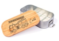 Lunchbox mit Bambus- oder Buchenholzdeckel, personalisiert, Wunschgravur, mit Trennsteg, Feuerwehr