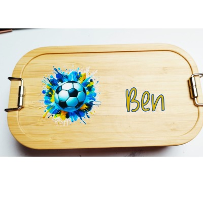 Lunchbox Fussball, mit Namen personalisiert, Bambus Brotdose, mit Trennsteg, versch. Designs /
