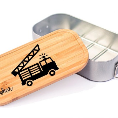 Lunchbox mit Bambus- oder Buchenholzdeckel, personalisiert, Wunschgravur, mit Trennsteg, Feuerwehr