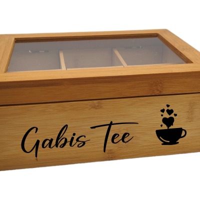 Personalisierte Tee Box - Ein einzigartiges Geschenk für Teeliebhaber aus Bambus, mit 6 Fächern,