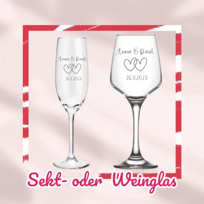 Weinglas oder Sektglas mit Namen &amp; Datum personalisiert, Geschenk für die Hochzeit, das Brautpaar